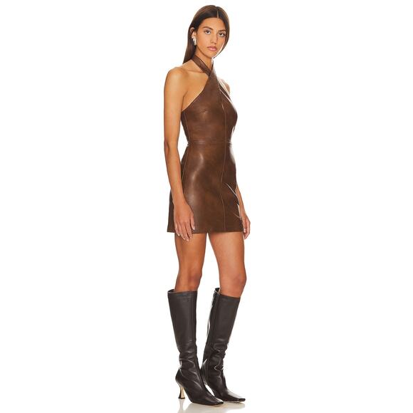 Tularosa Becca Faux Leather Halter Dress Brown‎ Sleeveless Sz L Mini Open Back - Picture 2 of 11